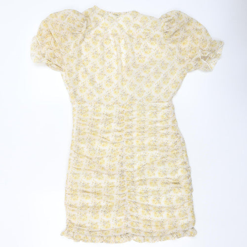 ELENZA Women’s Yellow Floral Short Puff Sleeve Bodycon Dress Size 10