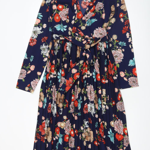 PrettyLittleThing Women Blue Floral Wrap Dress UK 10 Long Sleeve