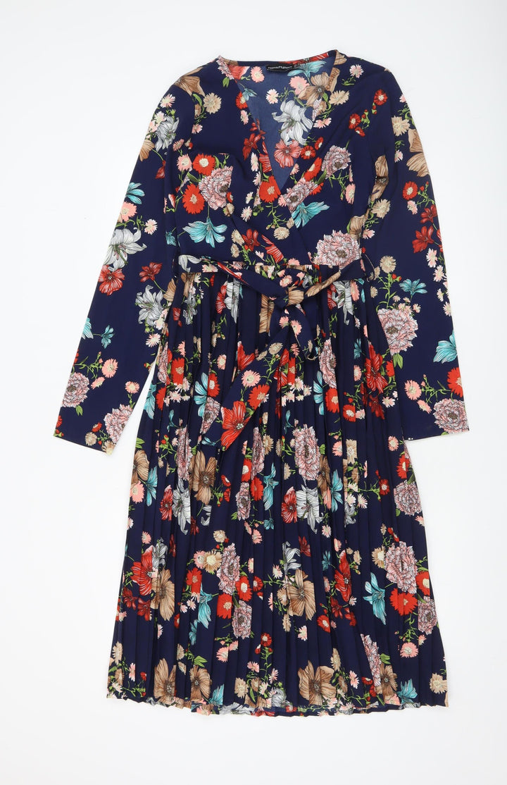 PrettyLittleThing Women Blue Floral Wrap Dress UK 10 Long Sleeve