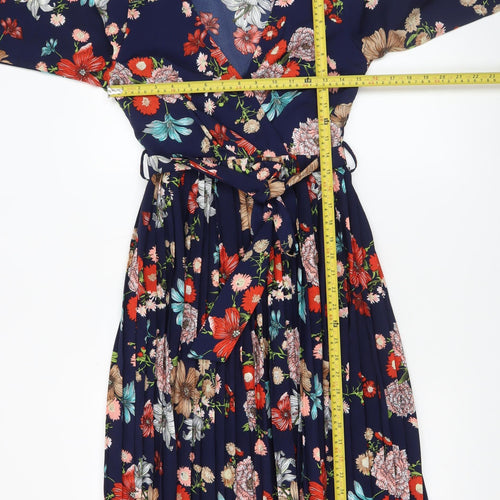 PrettyLittleThing Women Blue Floral Wrap Dress UK 10 Long Sleeve