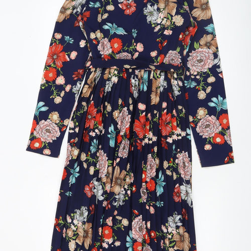 PrettyLittleThing Women Blue Floral Wrap Dress UK 10 Long Sleeve