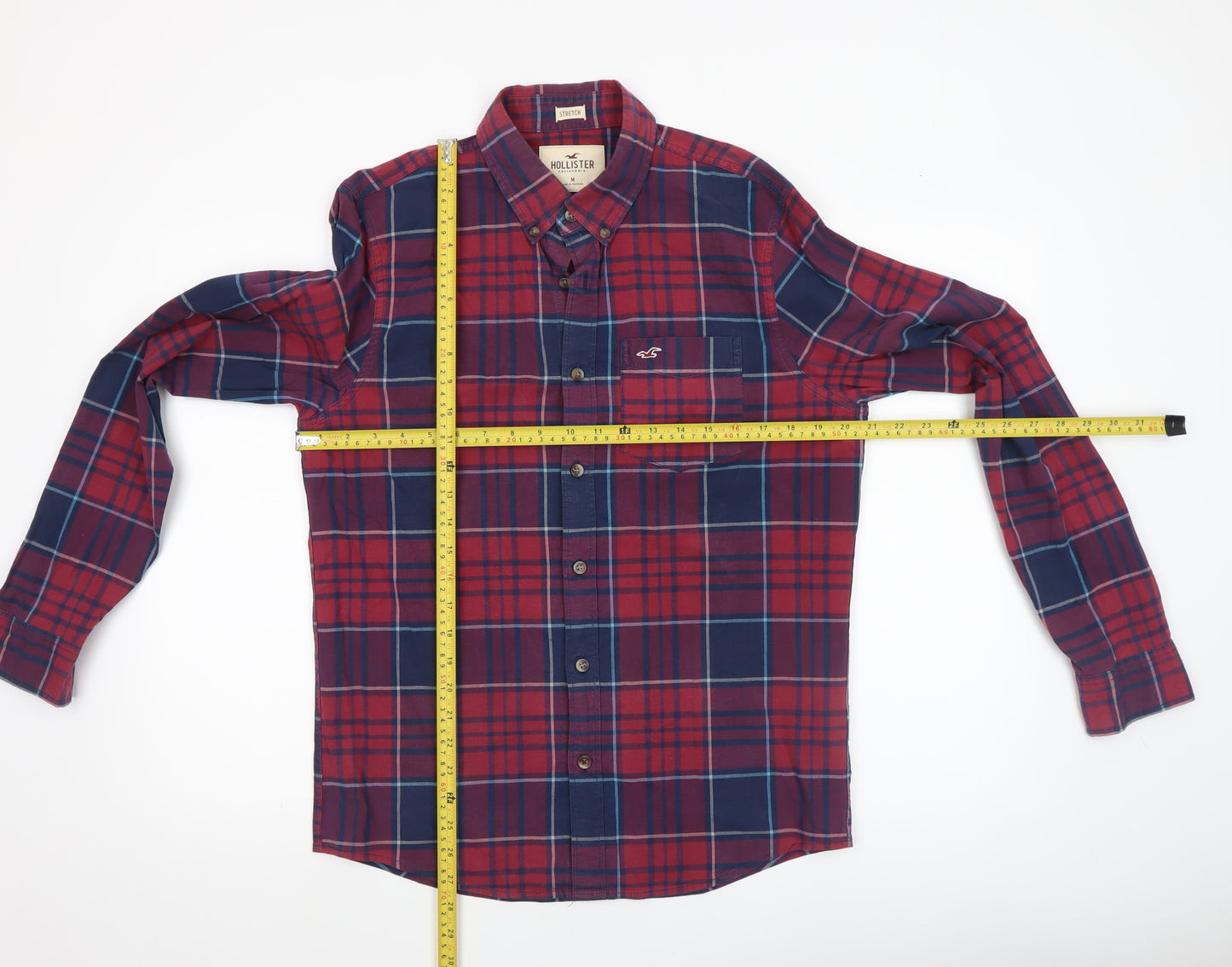 Hollister Men Red Plaid Slim Fit Long Sleeve Button-Up Shirt M