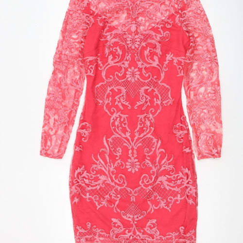 Next Women’s Pink Lace Bodycon Dress Size 8 Long Sleeve Partywear