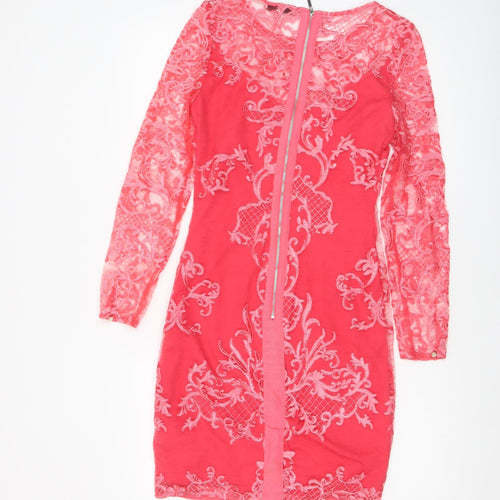 Next Women’s Pink Lace Bodycon Dress Size 8 Long Sleeve Partywear