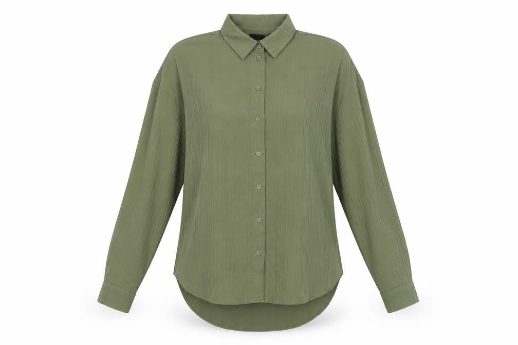 Front view of Pieces Women's Green Button-Up Long Sleeve Shirt, size L