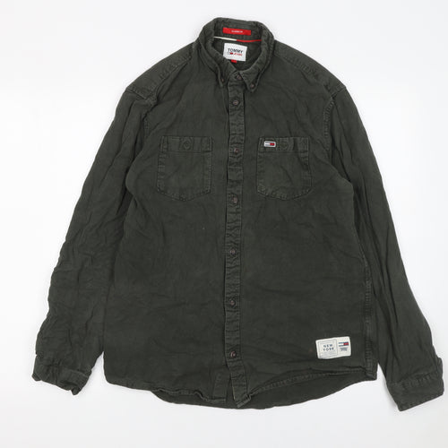 Tommy Jeans Men's Green Cotton Button-Up Long Sleeve Shirt M
