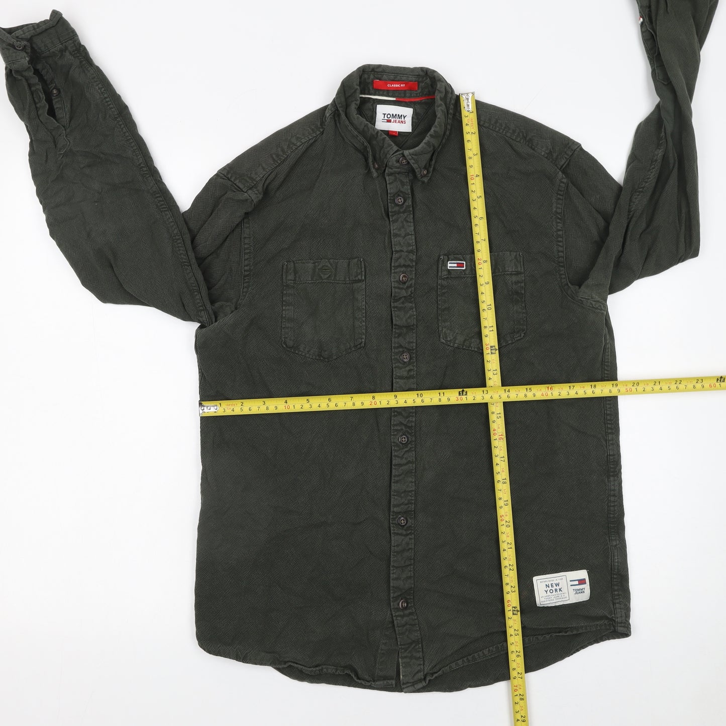 Tommy Jeans Men's Green Cotton Button-Up Long Sleeve Shirt M