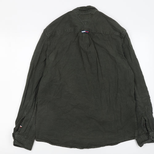 Tommy Jeans Men's Green Cotton Button-Up Long Sleeve Shirt M