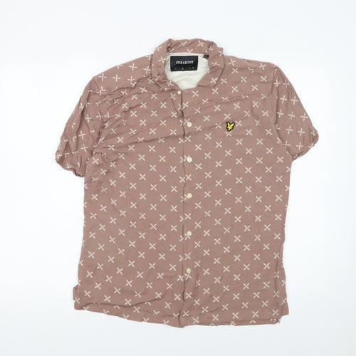 Lyle & Scott Men's Brown Geometric Short Sleeve Button-Up Shirt Size M