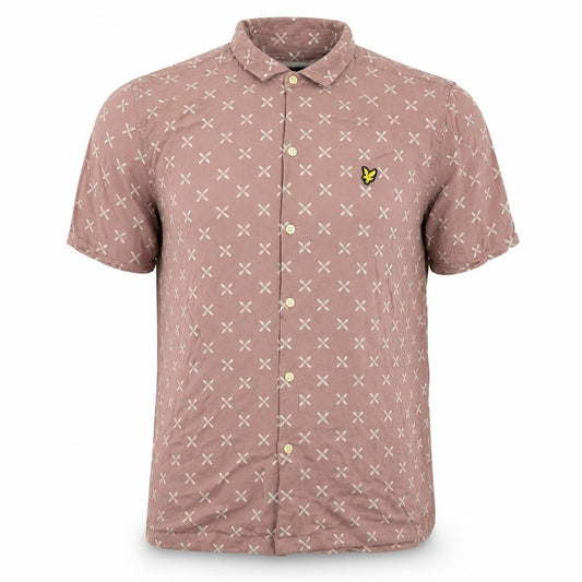 Front view of Lyle & Scott Men's Brown Geometric Short Sleeve Button-Up Shirt, size M