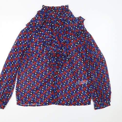 Savida Women Blue Red Geometric Long Sleeve Ruffle Blouse Size 10