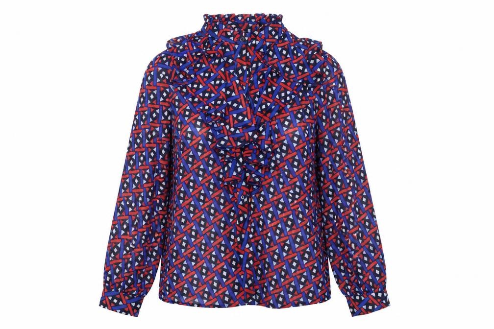Front view of Savida Women Blue Red Geometric Long Sleeve Ruffle Blouse, size 10
