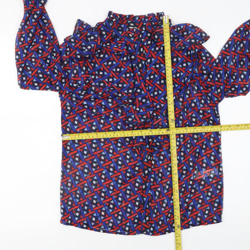 Savida Women Blue Red Geometric Long Sleeve Ruffle Blouse Size 10