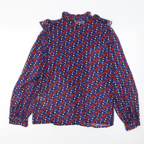 Savida Women Blue Red Geometric Long Sleeve Ruffle Blouse Size 10