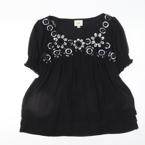 ECI New York Black Sequin Embroidered Short Sleeve Tunic Top Size 10