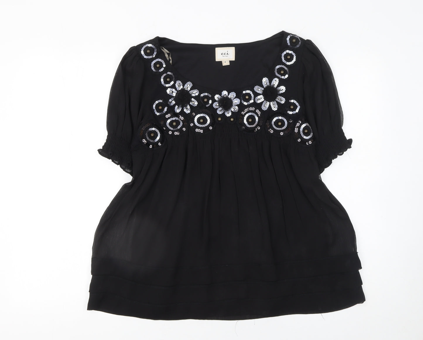 ECI New York Black Sequin Embroidered Short Sleeve Tunic Top Size 10