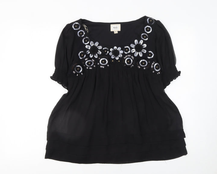 ECI New York Black Sequin Embroidered Short Sleeve Tunic Top Size 10