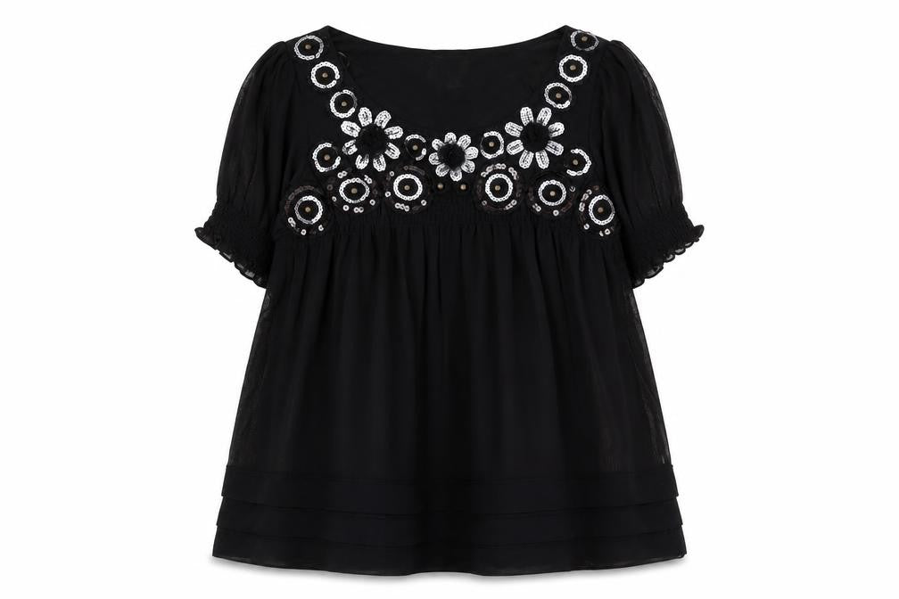 Front view of ECI New York Black Sequin Embroidered Short Sleeve Tunic Top, size 10