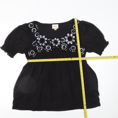 ECI New York Black Sequin Embroidered Short Sleeve Tunic Top Size 10