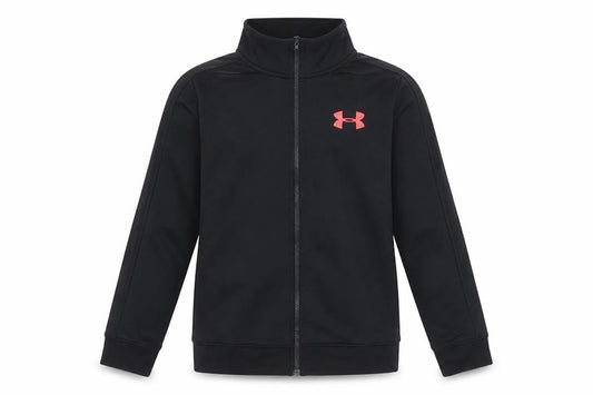 Front view of Under Armour girls’ black track jacket, size 10, years zip-up activewear
