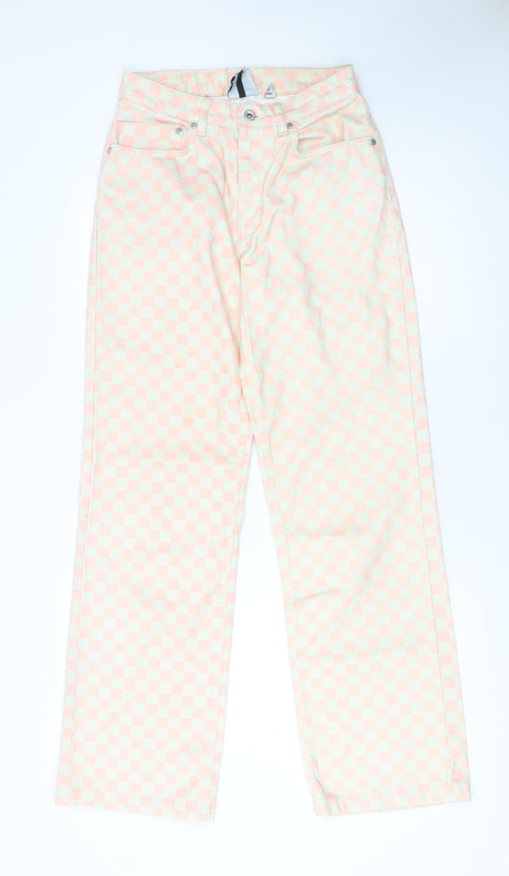 Ragged Jeans Women Pink Check Straight High Waist Cotton Denim 26