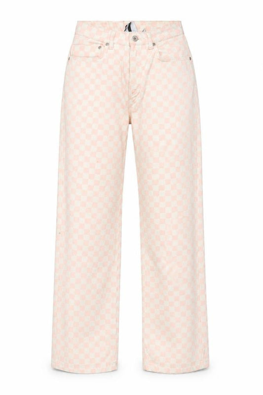 Front view of Ragged Jeans Women Pink Check Straight High Waist Cotton Denim 26