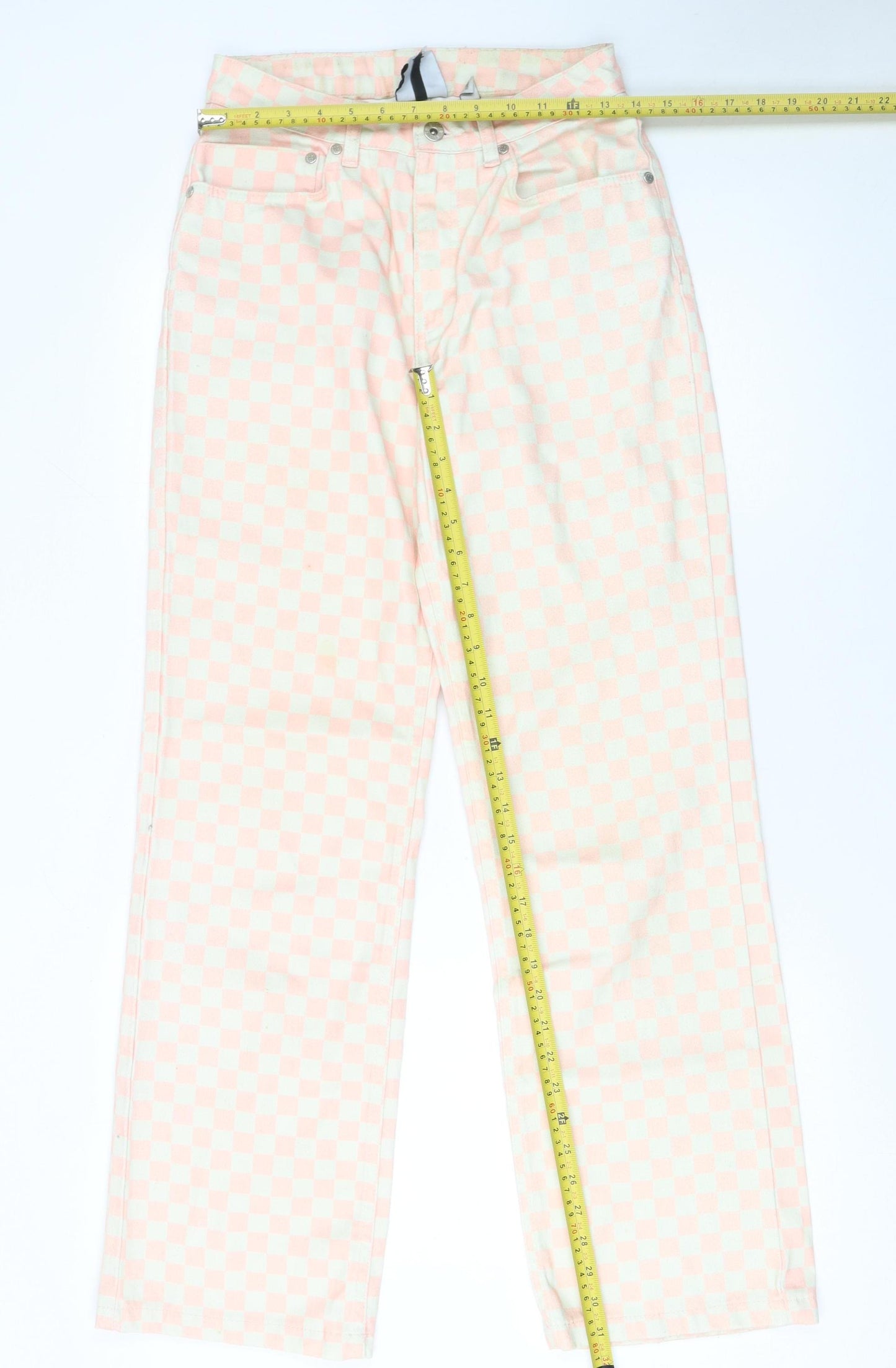 Ragged Jeans Women Pink Check Straight High Waist Cotton Denim 26