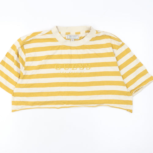 Guess Womens Yellow Striped Cropped T-Shirt Size S