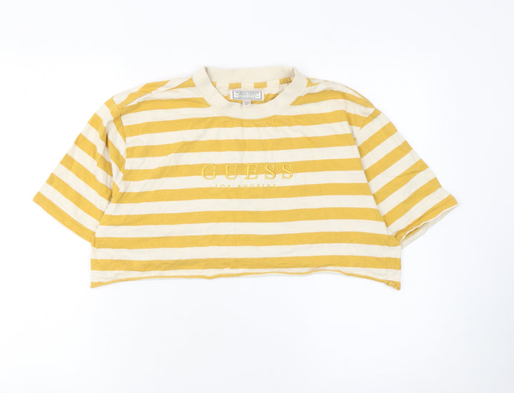 Guess Womens Yellow Striped Cropped T-Shirt Size S