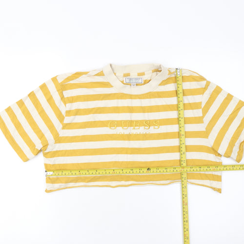 Guess Womens Yellow Striped Cropped T-Shirt Size S