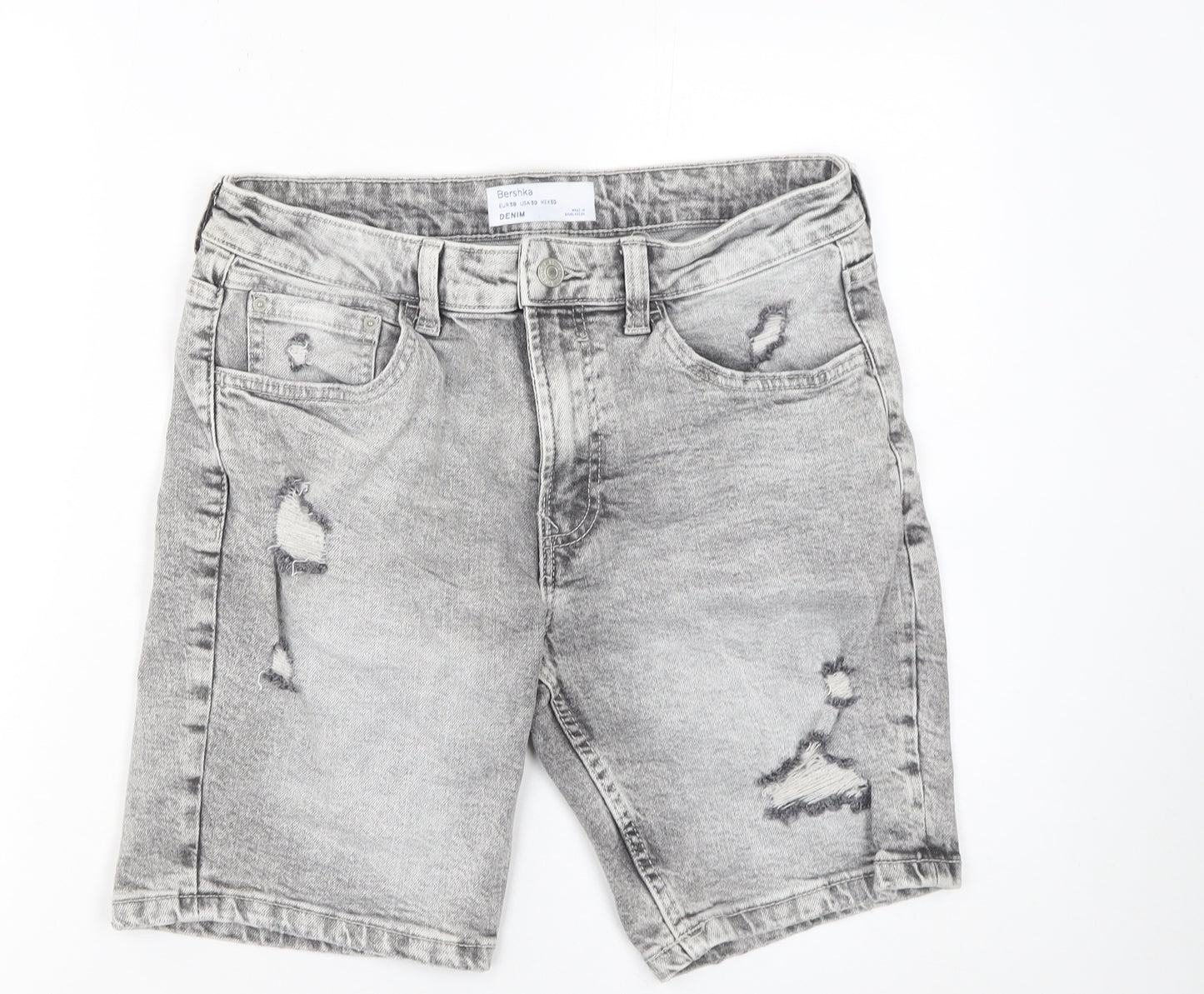 Bershka Men Grey Distressed Denim Shorts Size 30 Slim Fit Casual