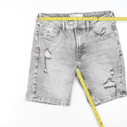 Bershka Men Grey Distressed Denim Shorts Size 30 Slim Fit Casual