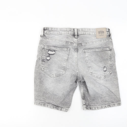 Bershka Men Grey Distressed Denim Shorts Size 30 Slim Fit Casual