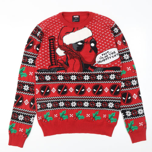 Marvel Men Red Deadpool Christmas Jumper M Festive Knit Pullover