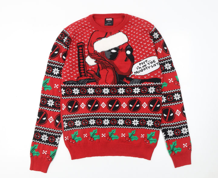 Marvel Men Red Deadpool Christmas Jumper M Festive Knit Pullover