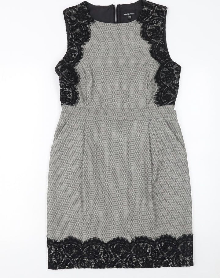 Warehouse Women Grey Sleeveless Sheath Lace Panel Dress Size 12