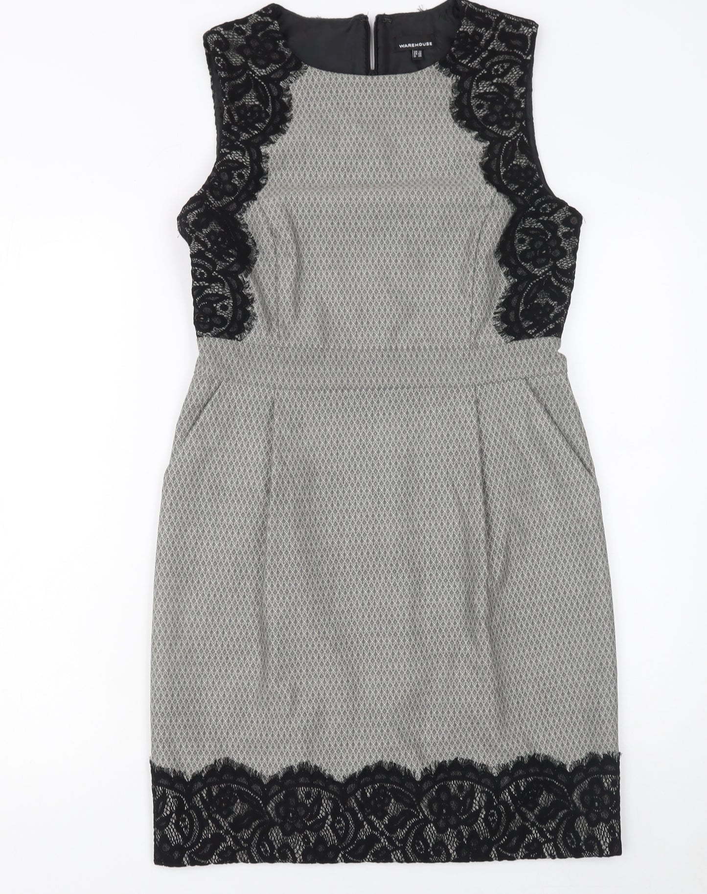 Warehouse Women Grey Sleeveless Sheath Lace Panel Dress Size 12