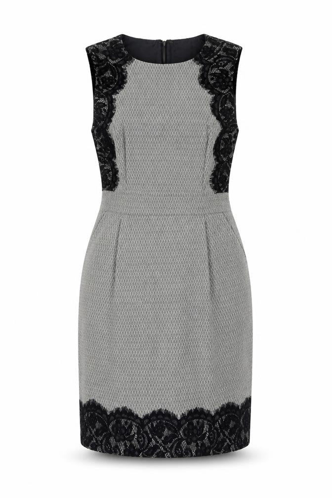 Front view of Warehouse Women Grey Sleeveless Sheath Lace Panel Dress, size 12