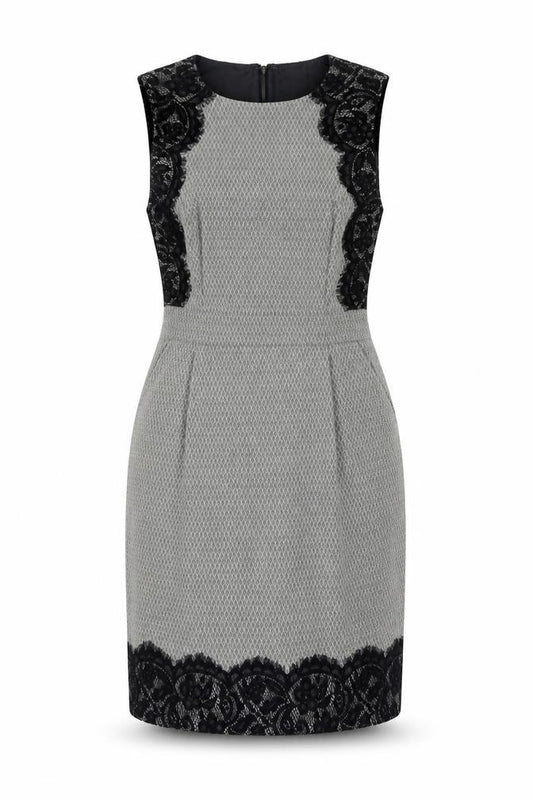 Front view of Warehouse Women Grey Sleeveless Sheath Lace Panel Dress, size 12
