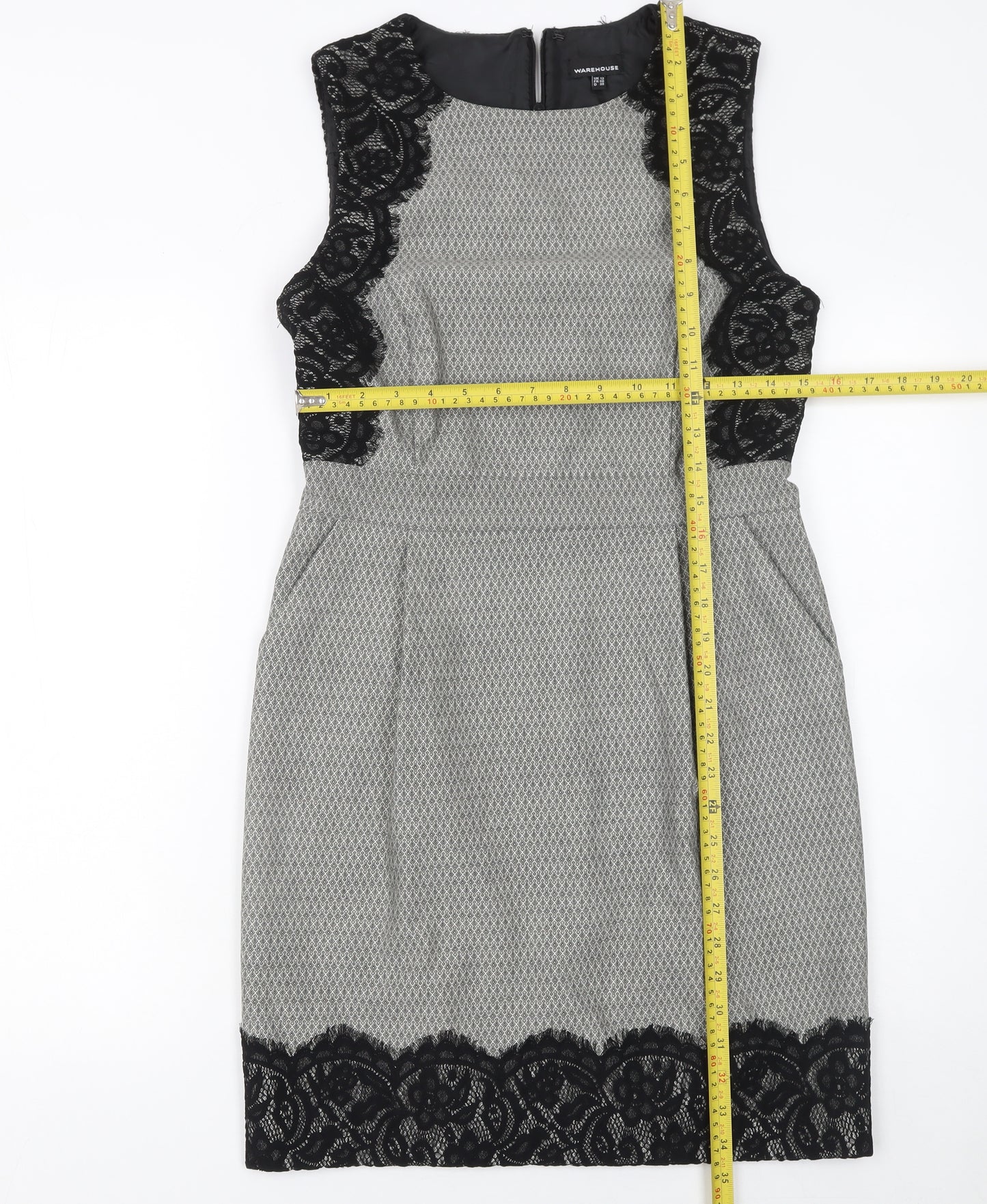 Warehouse Women Grey Sleeveless Sheath Lace Panel Dress Size 12