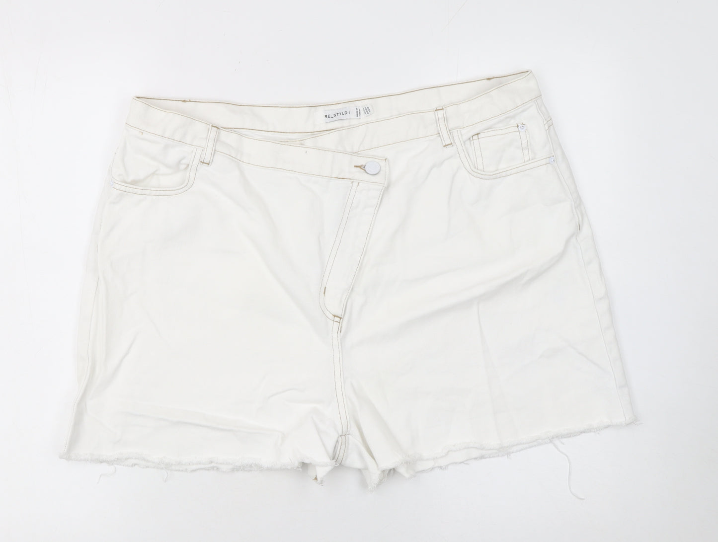 RE_STYLD Women’s White Cut-Off Denim Shorts Size 18 Cotton