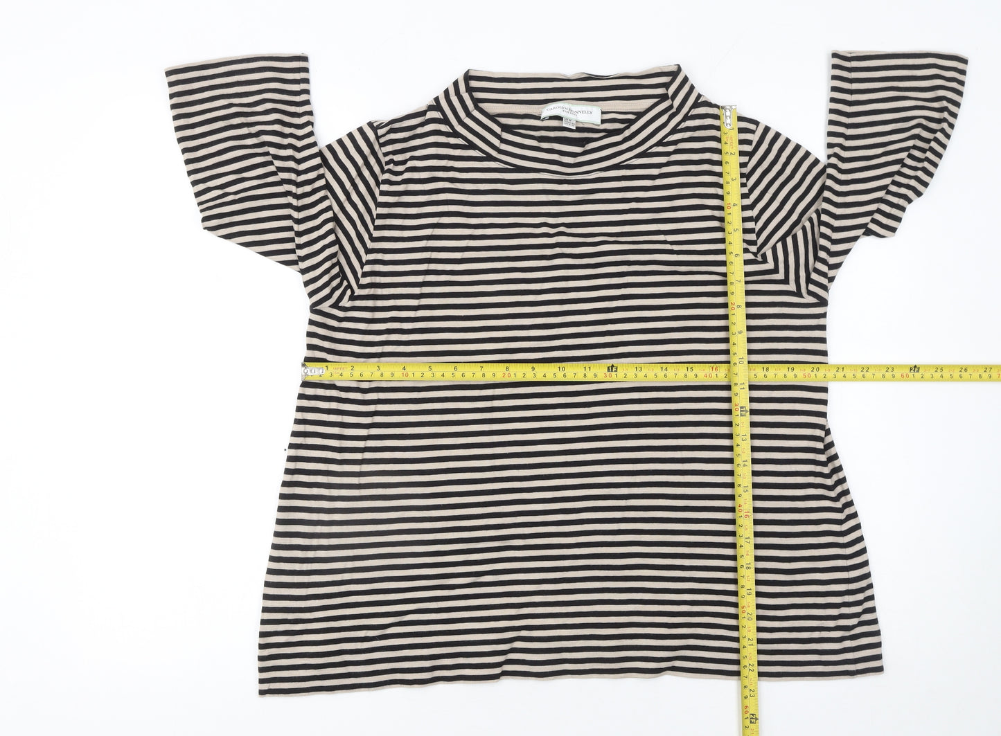 Carolyn Donnelly The Edit Women's Beige Striped 3/4 Sleeve Cotton T-Shirt Size M