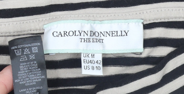 Carolyn Donnelly The Edit Women's Beige Striped 3/4 Sleeve Cotton T-Shirt Size M