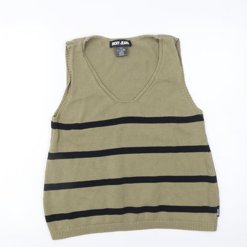 DKNY Jeans Womens Green Striped Cotton V-Neck Sleeveless Vest Size 14