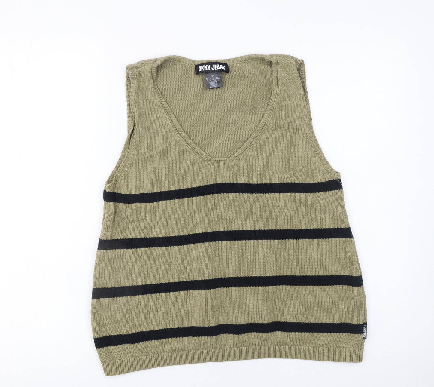 DKNY Jeans Womens Green Striped Cotton V-Neck Sleeveless Vest Size 14