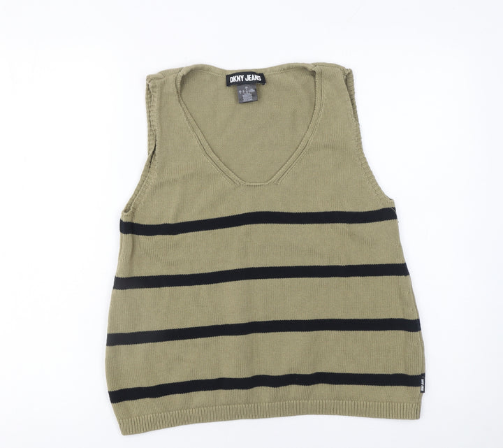 DKNY Jeans Womens Green Striped Cotton V-Neck Sleeveless Vest Size 14