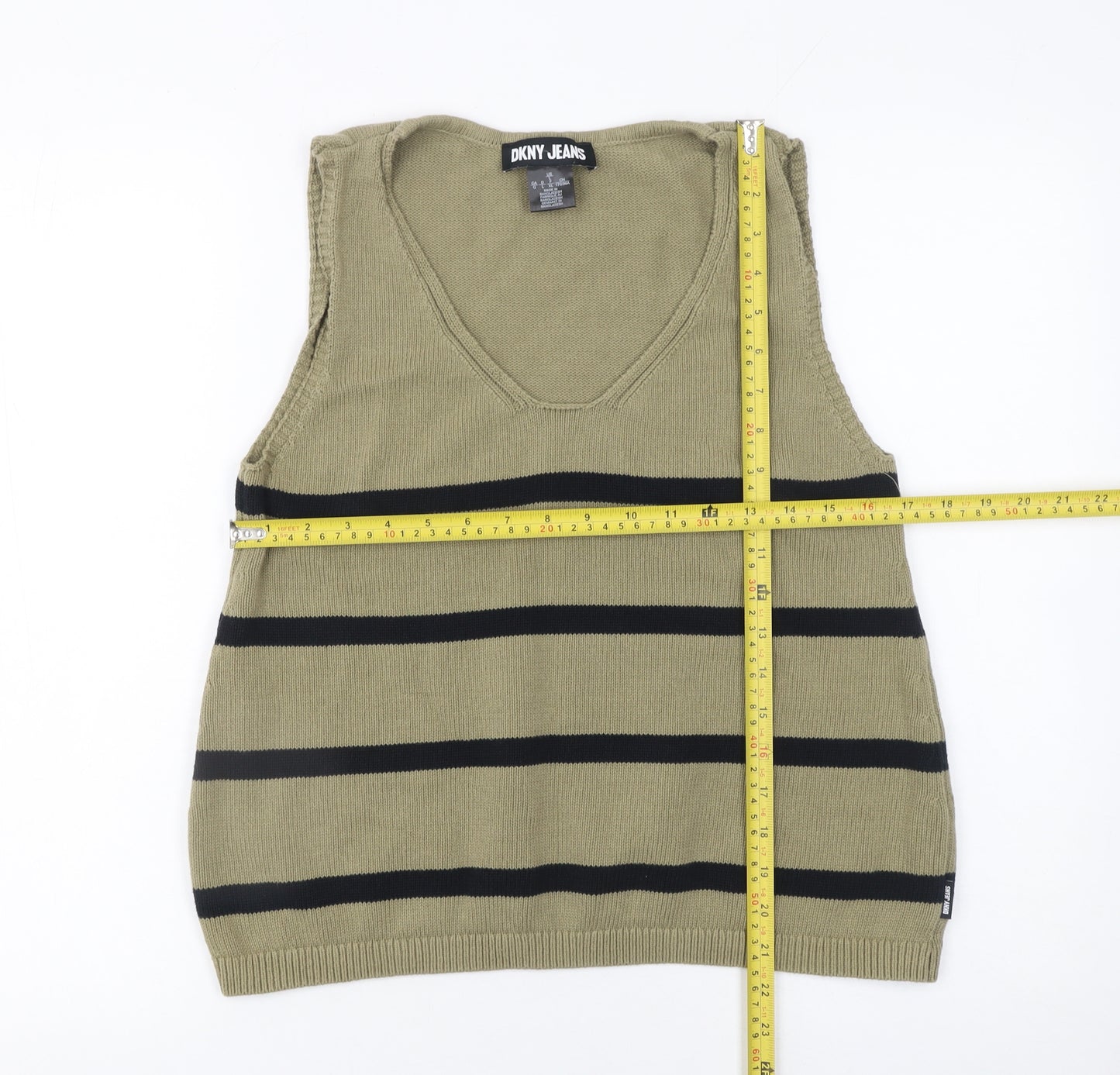 DKNY Jeans Womens Green Striped Cotton V-Neck Sleeveless Vest Size 14