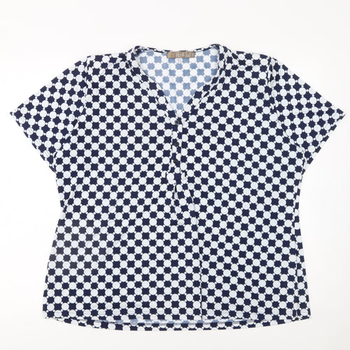 Mer & Sud Women's Blue Polka Dot V-Neck Short Sleeve Blouse Size 14