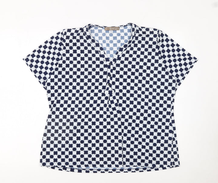 Mer & Sud Women's Blue Polka Dot V-Neck Short Sleeve Blouse Size 14