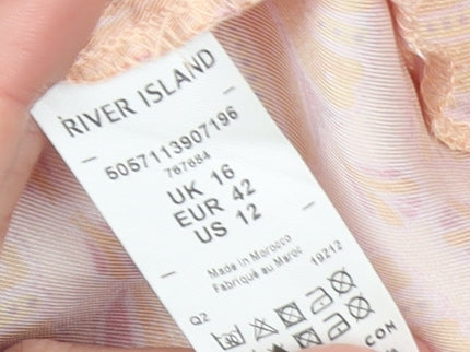 River Island Womens Pink Geometric Cropped Tie Front Blouse Size 16